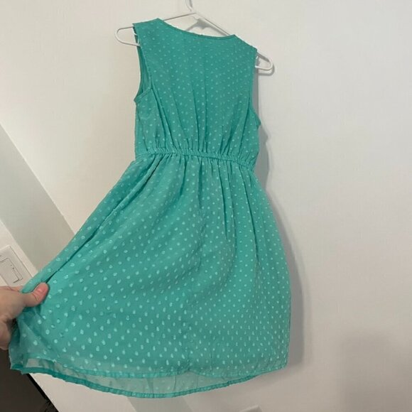 VANITY Aqua Seafoam Green Blue Swiss Dot Textured Mini Surplice Faux Wrap Dress - Picture 11 of 16